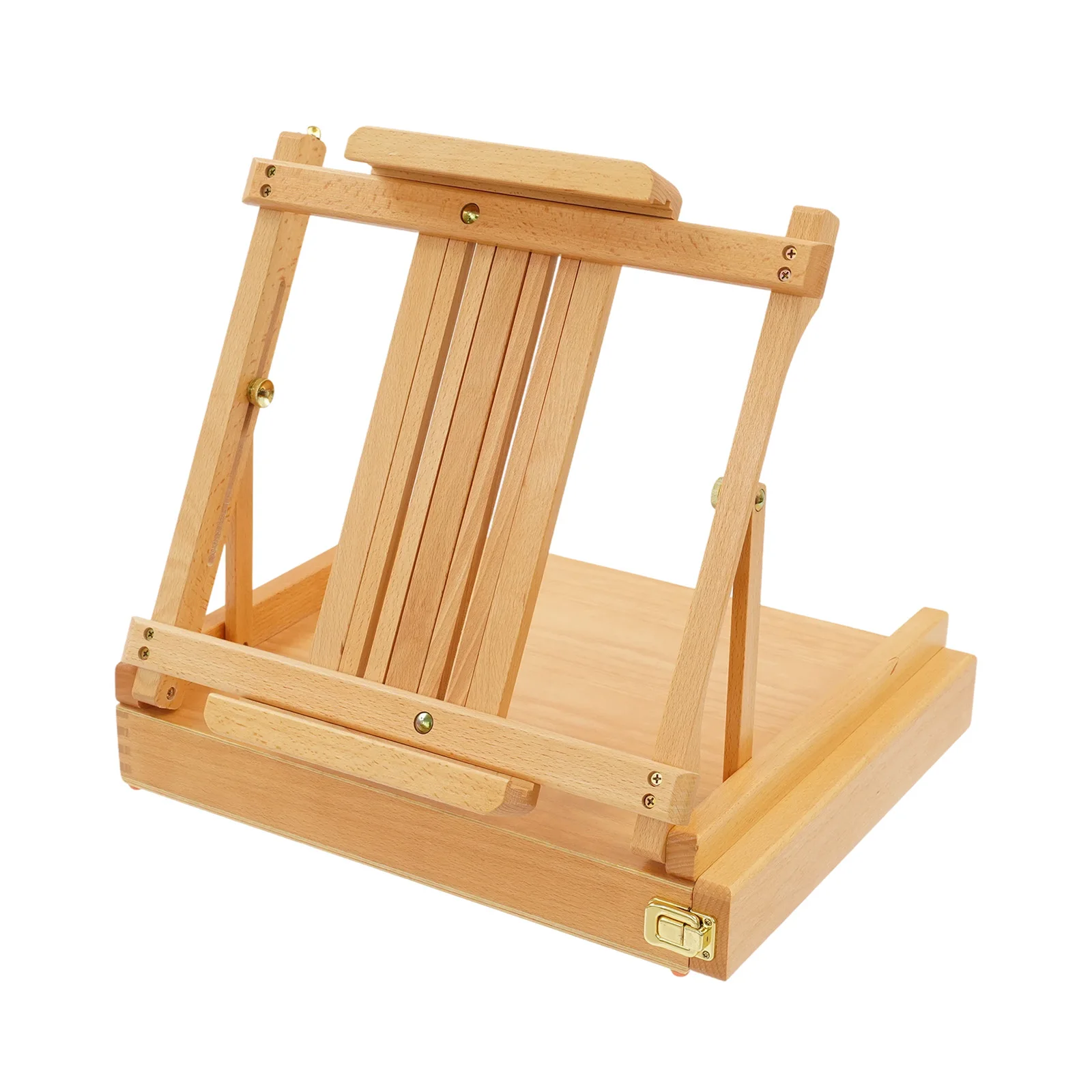 Desktop Easel, Easel, Painting Easel, Adjustable Oil Painting Box, Solid Beech Wood, Natural Oil Finish, 4 Compartments, Large Storage, Folding, Portable, Leather Handle, Multi-Angle Adjustable, Holds 34 inch Canvas, for Artist, Studio, Travel, Sketching,