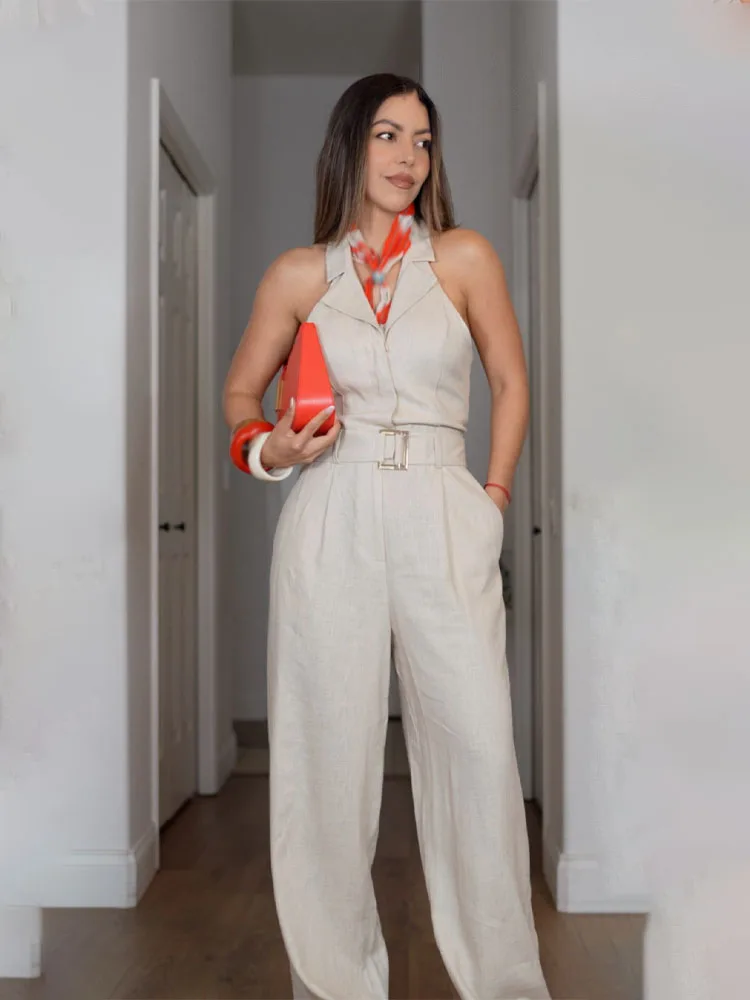 HH Female Autumn Fashion Single-Breasted Turn-Down Collar Belt Decoration Sleeveless Jumpsuits Woman Sexy Backless Jumpsuit