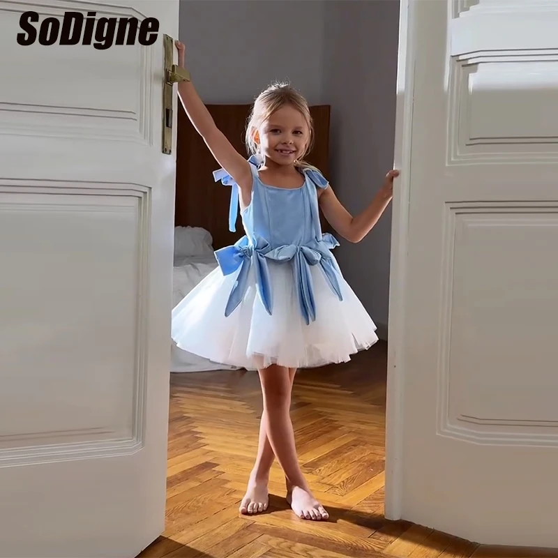 SoDigne A-line Velvet/Tulle Short Flower Girl Dress Sleeveless Kid Gown 2026 Mini Girls Birthday Party Dresses Customized