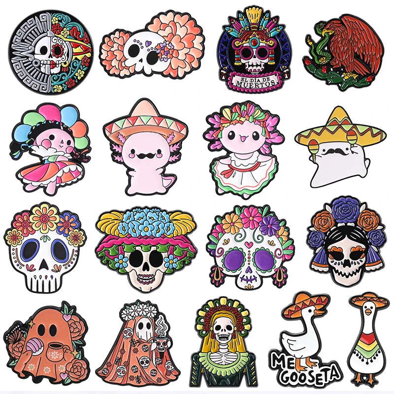 Mexican Day Of The Dead Skeleton Calavera Badge Enamel Pin Mexican Folk Art Lele Doll Axolotl Salamander Badge Brooches Jewelry