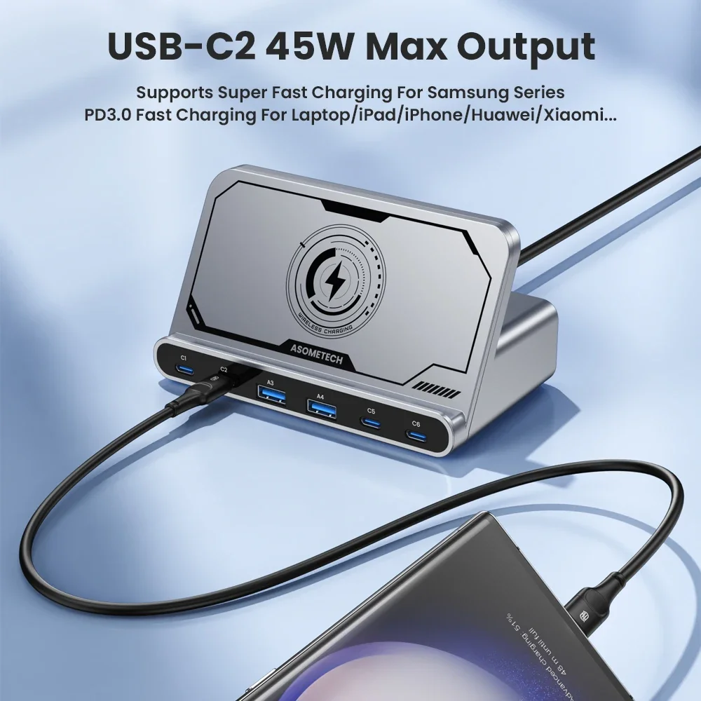 160W 6 Ports USB Charger Staion  Wireless Charging QC 4.0 3.0 Type C PD 3.0 Fast Charger for IPhone 15 Pro Samsung Tablet Laptop