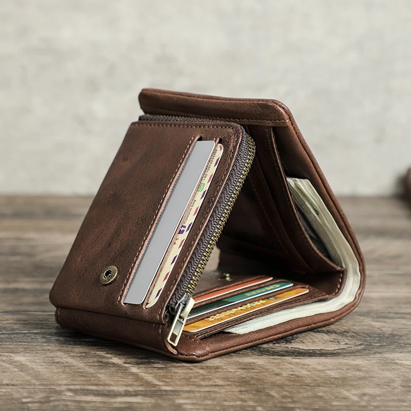 CONTACT'S Genuine Leather Men Wallets RFID High Quality Hand-Scratched Leather Card Holders Coin Purses Money Clips Male Wallets