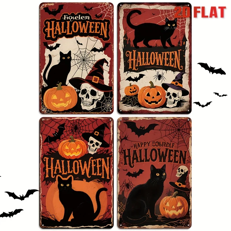 4pcs Halloween Vintage Metal Tin Sign Cat Witchery Pumpkin Skull Wall Hanging Art Posters For Home Farmhouse Bar Pub Halloween