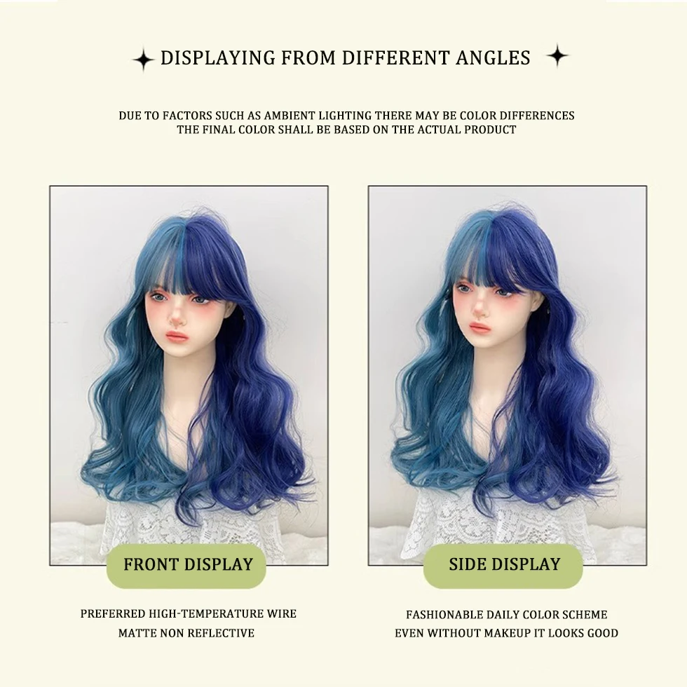 Synthetic Dual Tone Wig Women's Long Hair Cigarette Ash Blue Tone Lolita Witch Dream Long Curly Hair Dyed Bangs Full Head Cover