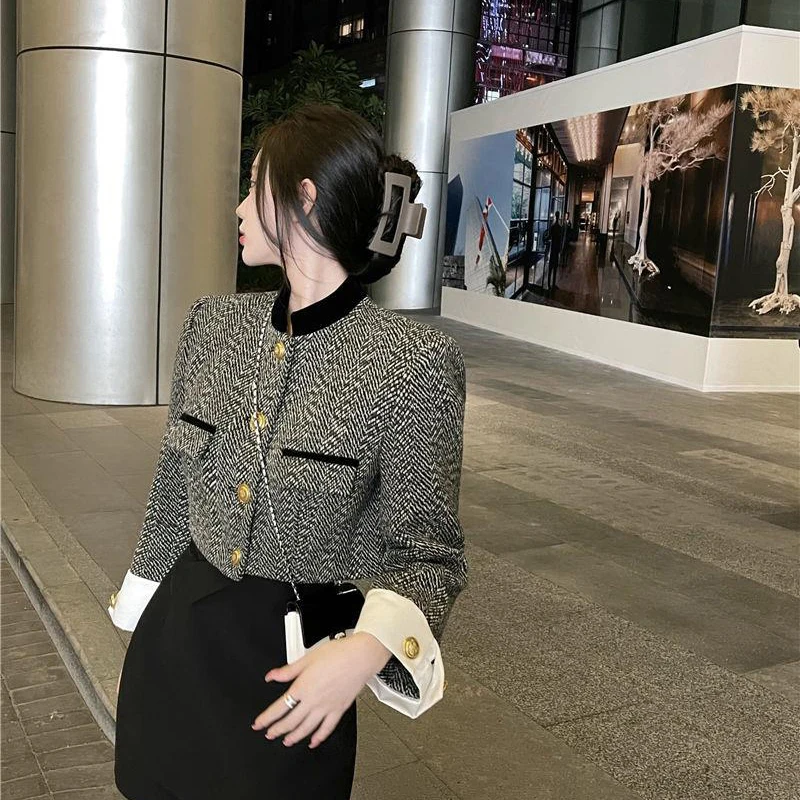 Y2K Retro Women Crop Coat Korean Elegant Stand Collar Female Jacket Autumn All Match Button Long Sleeve Ladies Casual Tops