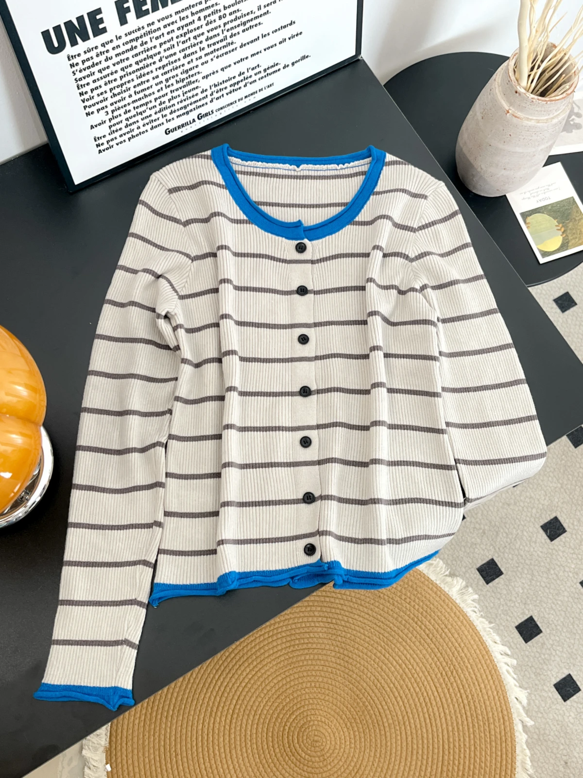 컬러 블록 스트라이프 니트 가디건 여성 슬림 캐주얼 스웨터 코트