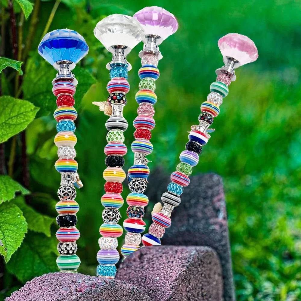 1pcs 14inch Colorful Jeweled Garden Stake for Fairy Garden and Potted Plant Stake Crystal Planter Stake Plant Bling