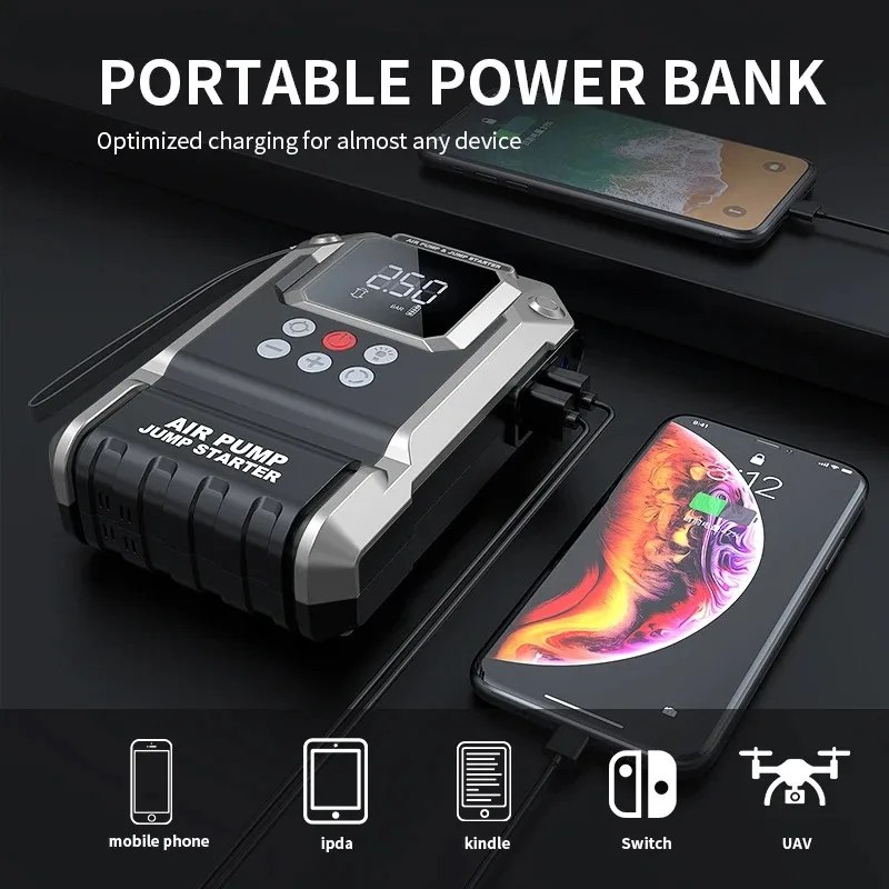 Car Jump Starter Power Bank 26800mAh/21800mah 150PSI Air Compressor Tire Pump Digital Tire Inflator 12V Auto Battery Booster