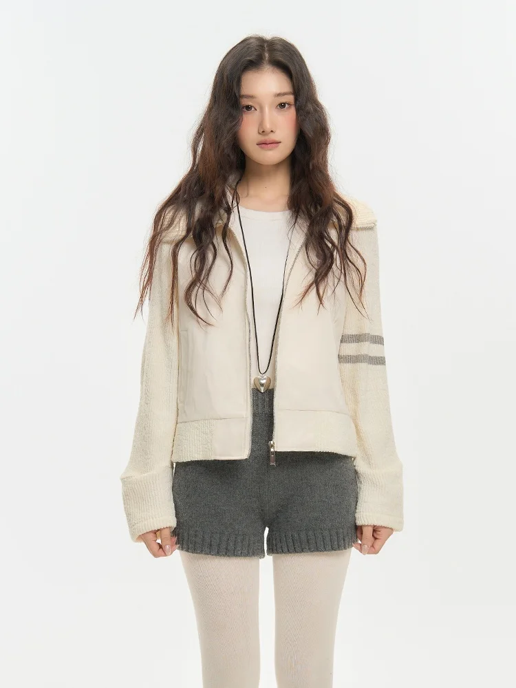 

Pinkers Collaborative Korean Retro Knitted Patchwork Jaet Women's Loose Casual Versatile Top Warm ort Zipper Closure