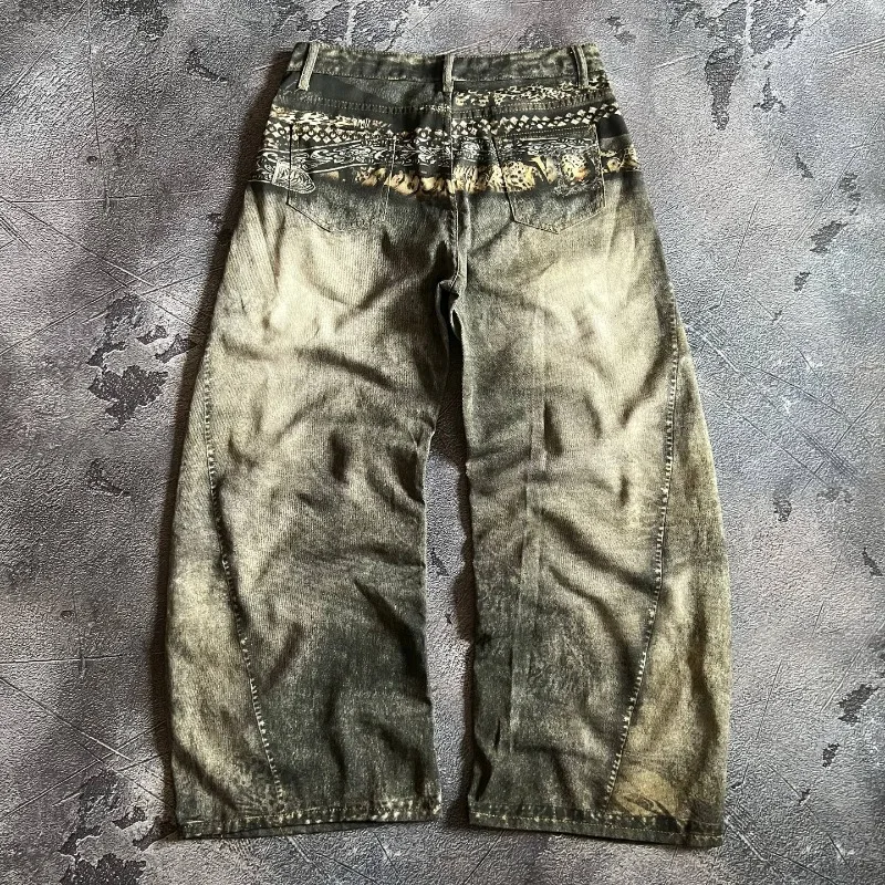 Y2K Fashion New Yellow Washed Old Pattern Printed Baggy Jeans Women Gothic Hip Hop Popular Casual Joker Wide-leg Pants - view 3