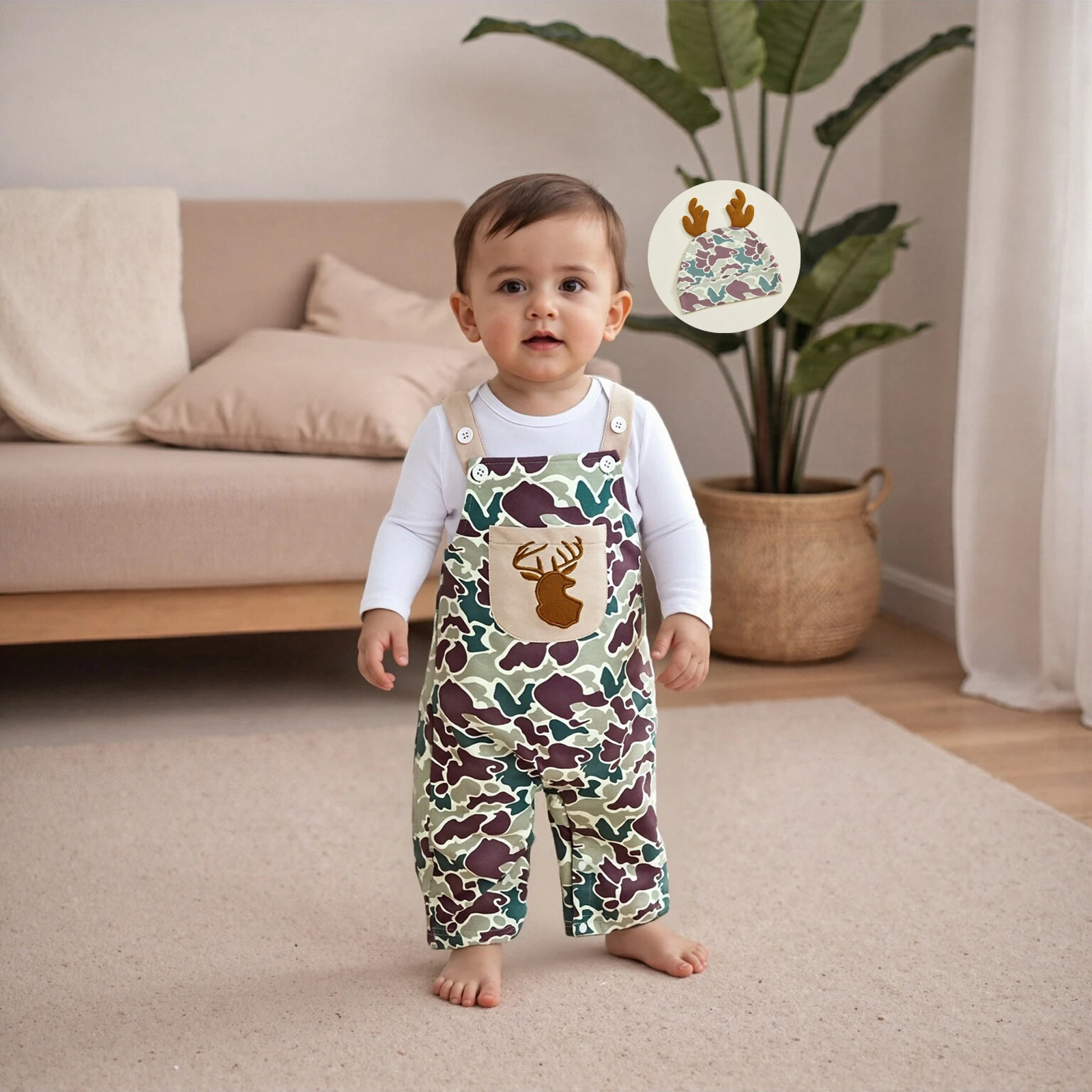 2026 السنة الجديدة الشتاء بيبي بوي الخريف الزي الصلبة طويلة الأكمام رومبير عيد الميلاد كامو عموما السراويل وقبعة 3 قطعة مجموعات الطفل