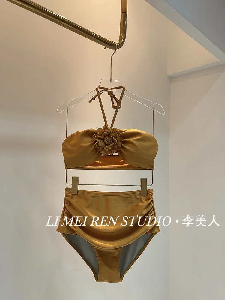 New Yellow Handmade Flower Mesh Skirt High Waist Split Bikini Swimsuit Women's Set