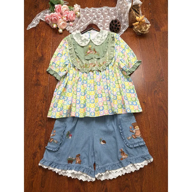 

Collar Floral Embroidery Loose Short-Sleeved Blouse Shirt Top Versatile Shorts Summer