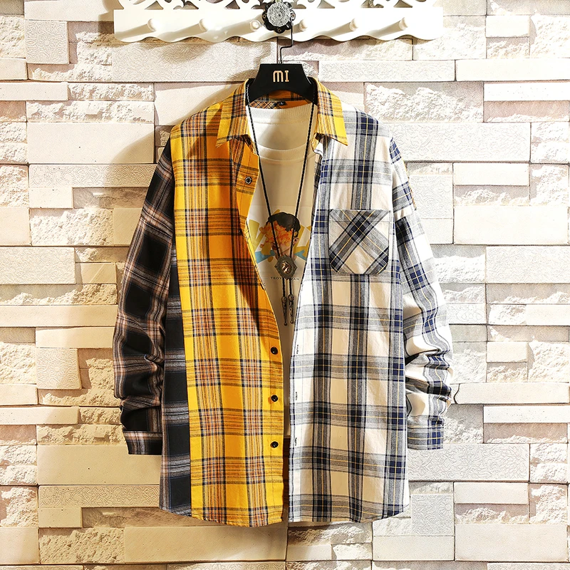 New Plaid Contrast Colour Casual Loose Shirt  Fashion Patchwork Long Sleeve Casual Shirt Hip Hop Street Clothing Men's Shirt
