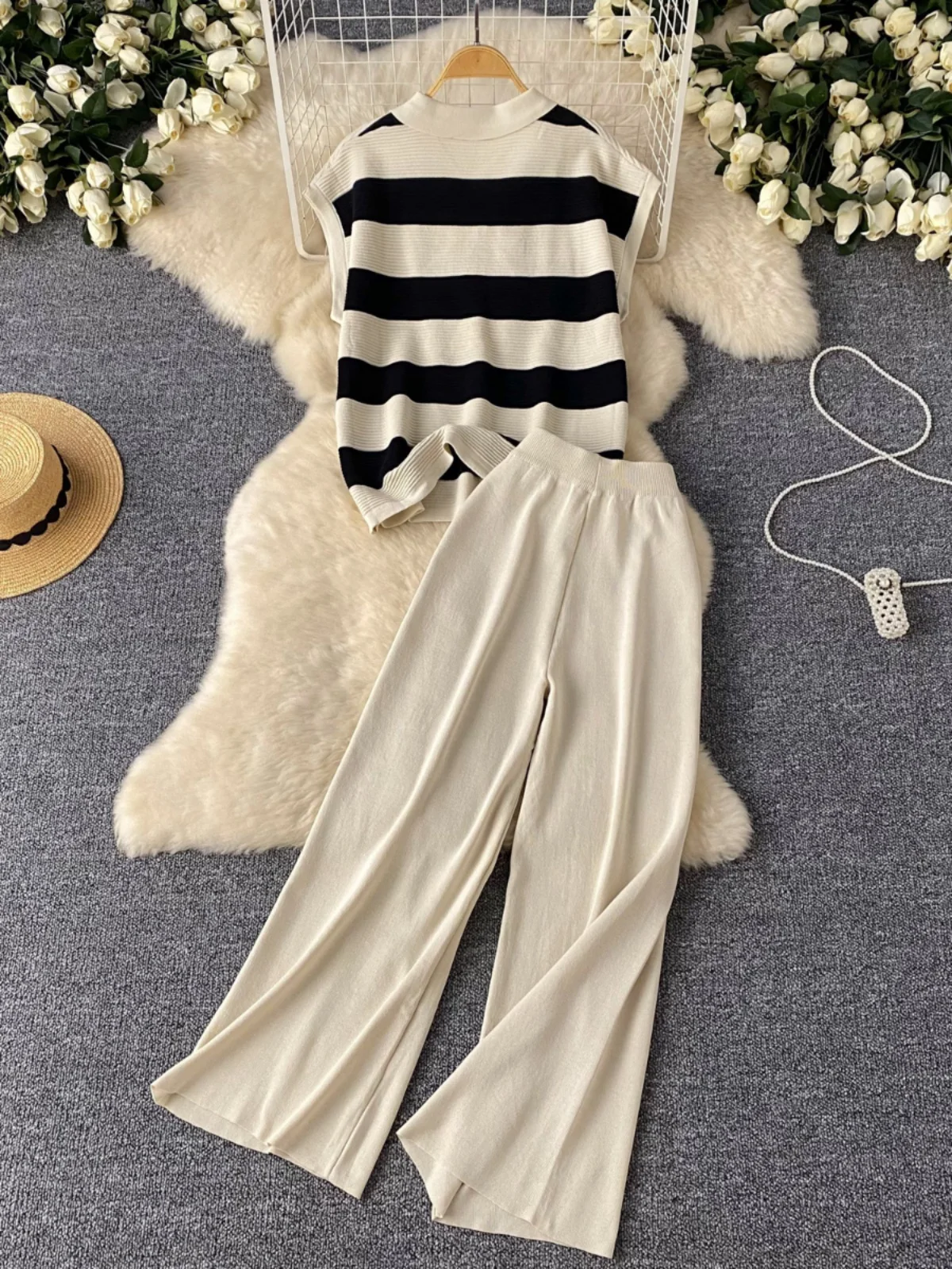 

Повседневный вязаный комплект из двух предметов, женские модные корейские универсальные длинные брюки с воротником-молнией и высокой талией