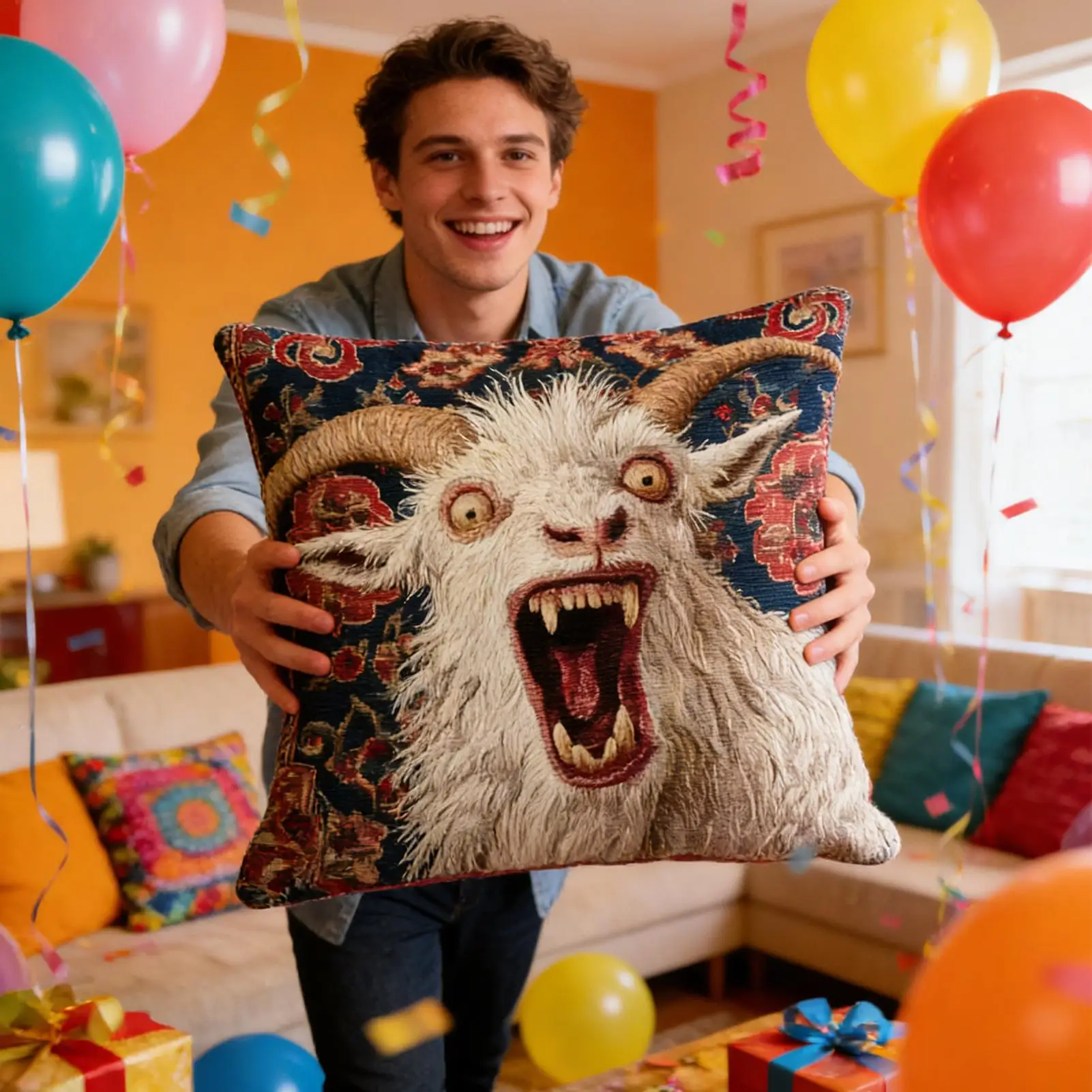 Spooky Goat Face 2D Flat Printed Pillow  Soft Pillow Cushion Cover 18x18 Funny Screaming Goat Home Decor Covers For Sofa Bed