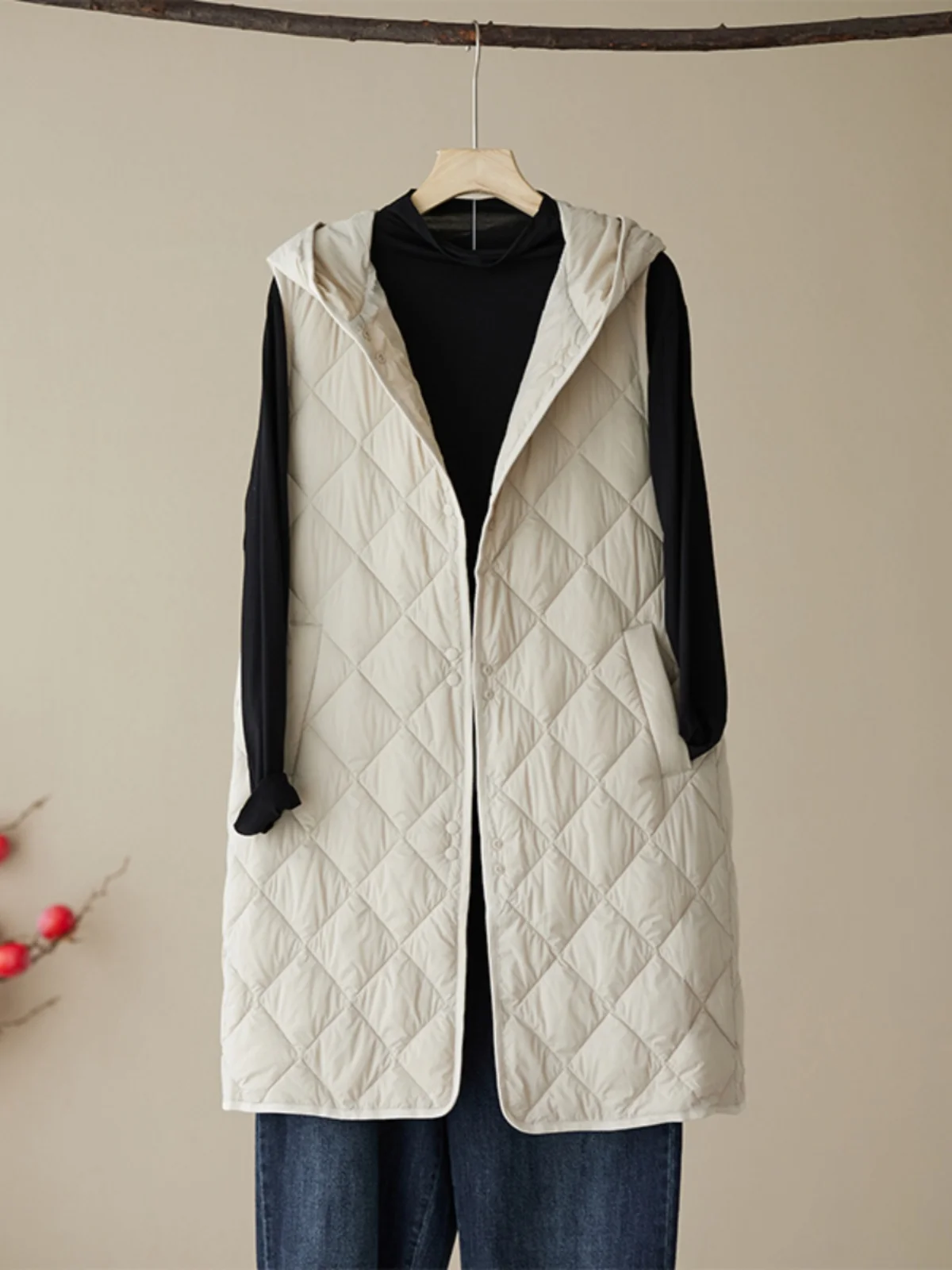 

Women's Quilted Cotton Padded Vest Warm Hooded Jaet Lightweight down Cotton Outerwear Mid-Length Commute Sle Pure Color