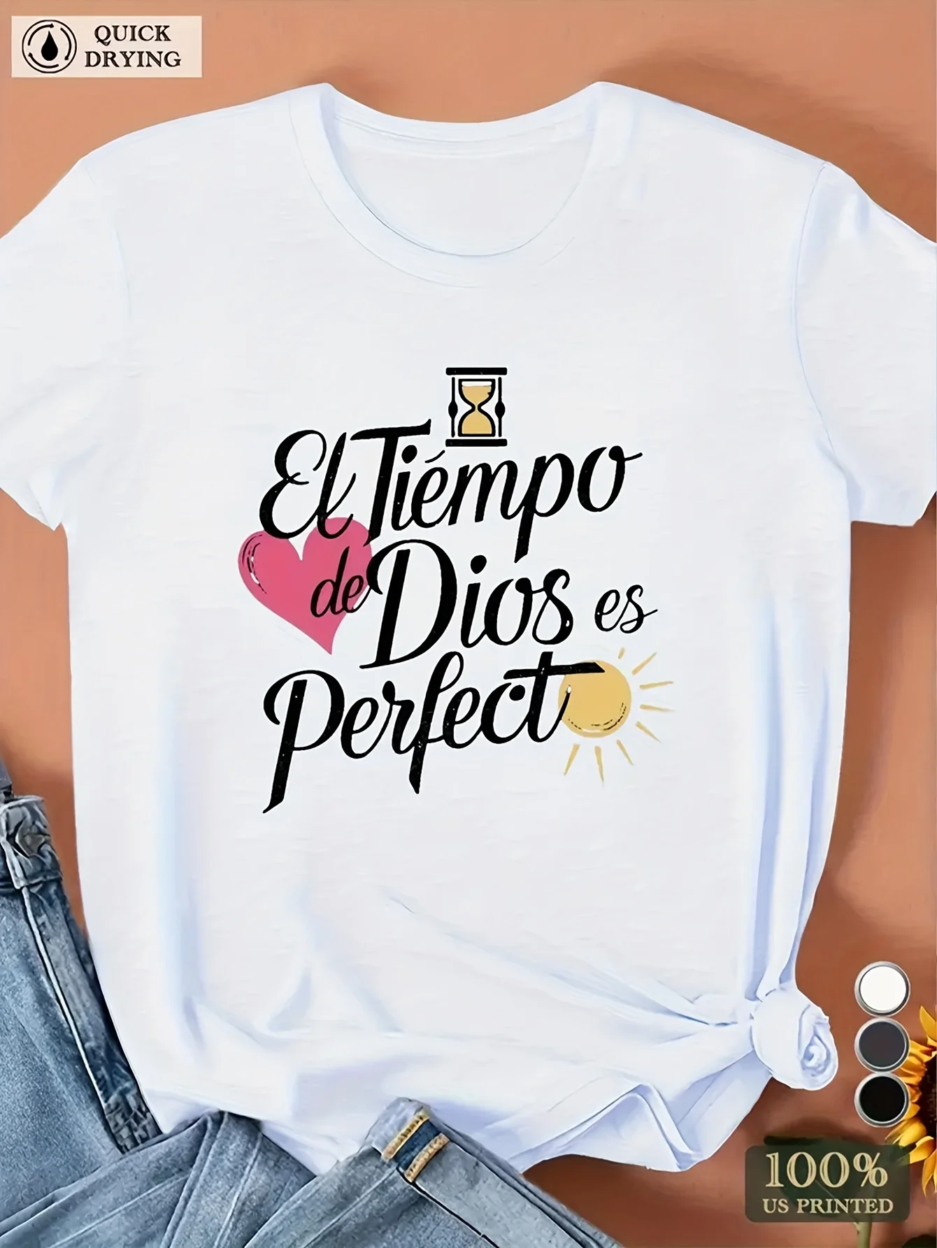 

El Tiempo De Dios Es Perfecto Inspirational Letter Print Women Round Necke T Shirt Women's Casual Short Sleeve T-Shirt