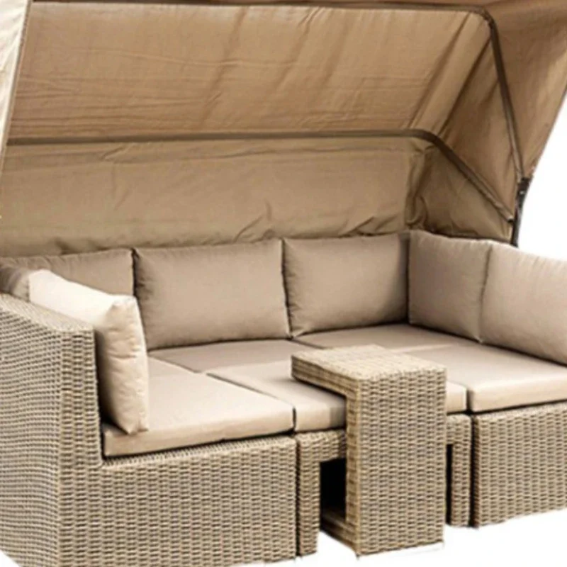 

Rattan sofa with canopy waterproof and sun protection outdoor courtyard garden balcony terrace leisure bed combination furniture