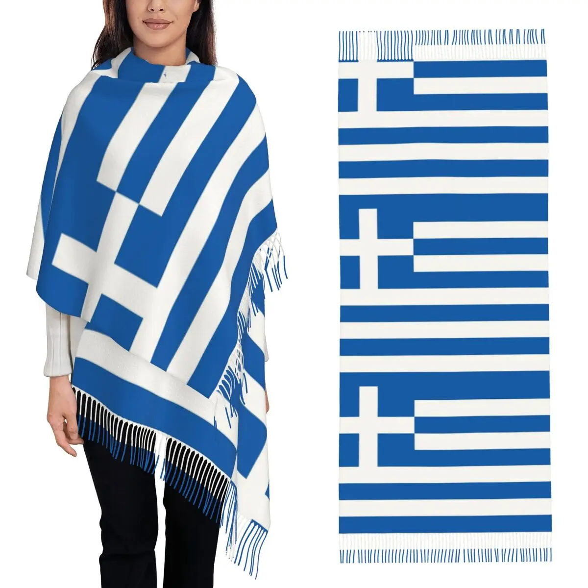 Flag Of Greece Scarf Tassel Scarves for Women Soft Warm Shawls and Wraps Long Fall Winter Shawl Wrap