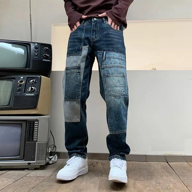 

Men's Taper Straight Jeans Fashion Patchwork Contrast Streetwear Denim Trousers Brand Embroidered Jeans Hip Hop Male Pants