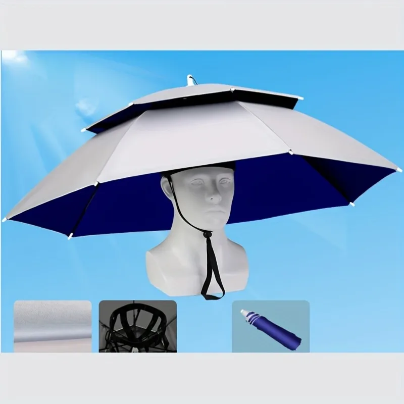 1pc Double Layers Large Umbrella Hat Adjustable Head Mounted Umbrella For Golf Sports Fishing Camping Gardening Beach Kayak