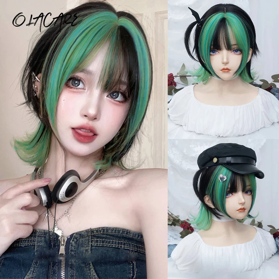 

LM Valgus Black Green Ombre Synthetic Wigs for Cosplay Long Straight Layered Wigs with Bangs for Women Heat Resistant Fake Hair