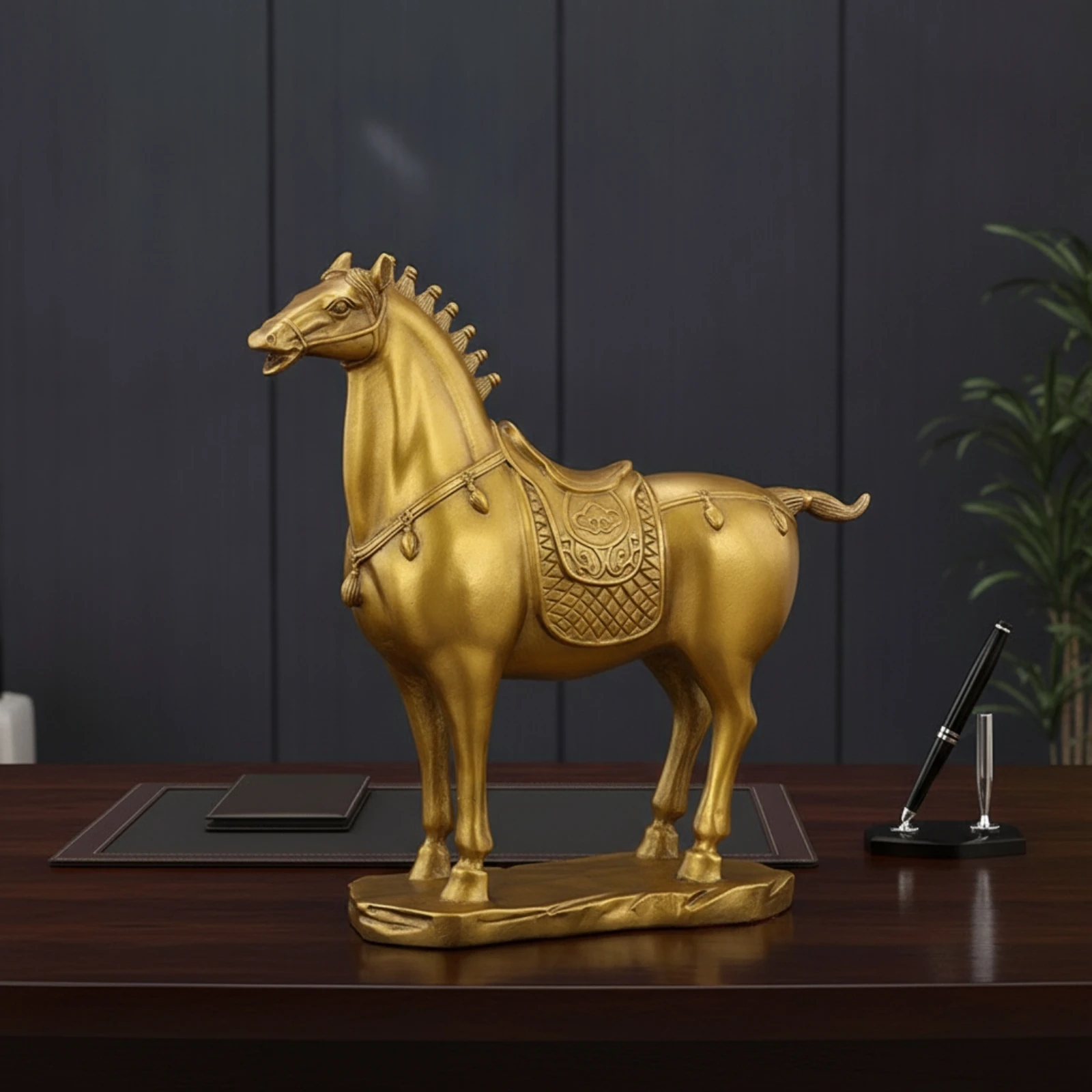 Horse Figurine with Saddle Equestrian Brass Horse Statue Ornament Lustrous Sculpted for Homeowners, Living Room, Shelf