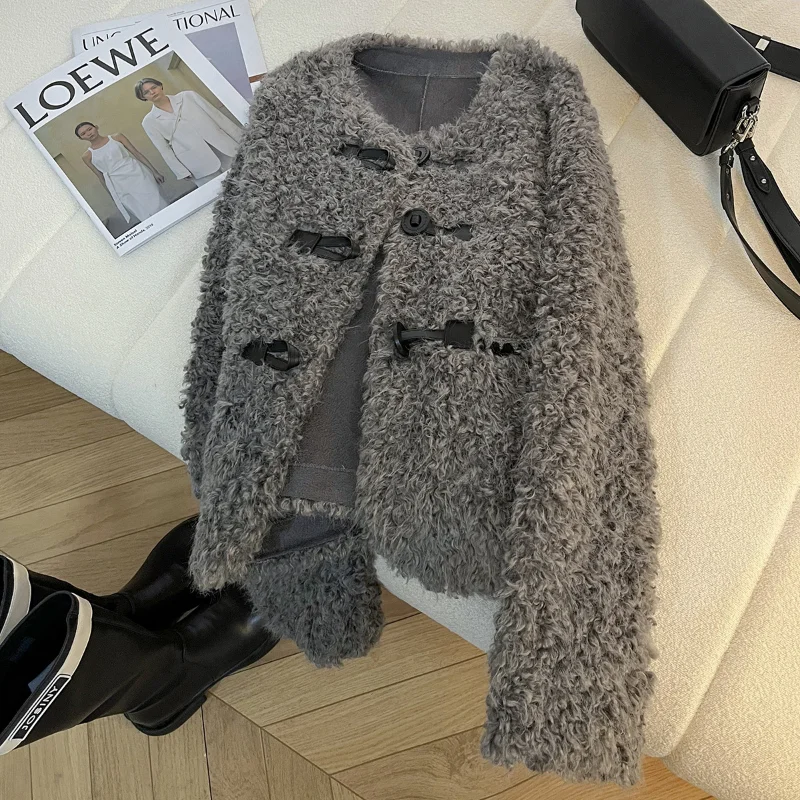 Grey High-quality Fur Coat Women's Autumn Winter 2024 Fashion Loose Basic Warm Long-sleeved Small Fragrance Fake Fur Lady Coat