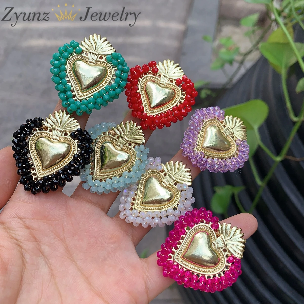 5pcs, Crystal Heart Open Rings Summer Charm Colorful Adjustable Size Girl Fashion Copper 18K Gold Plated Jewelry