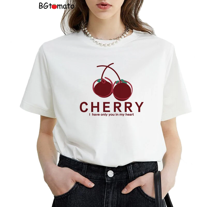 

Beautiful cherry printing tshirt New design cartoon summer shirts breathable cotton t-shirt for women A020