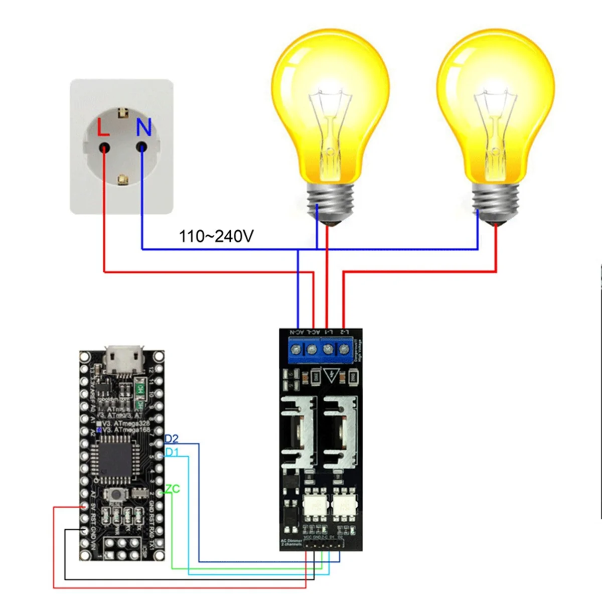 ABAN AC Light Dimmer Module 2 Channel 3.3V/5V Logic AC 50/60H 220V/110V Light Dimmer Module for Lamps Elements Fans Pumps