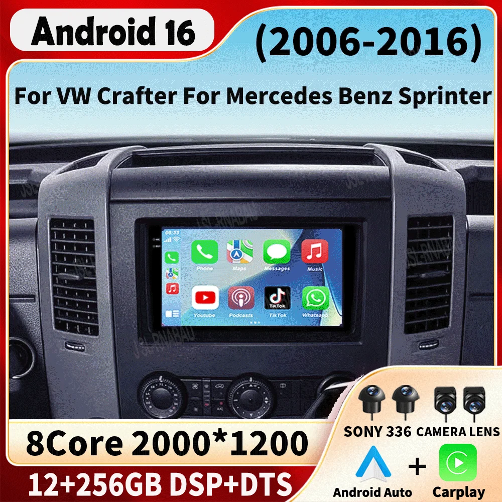 Android 16 Car Radio QLED For VW Crafter For Mercedes Benz Sprinter 2006- 2016 Android CarPlay+auto 4G+WIFI GPS Navigation DSP