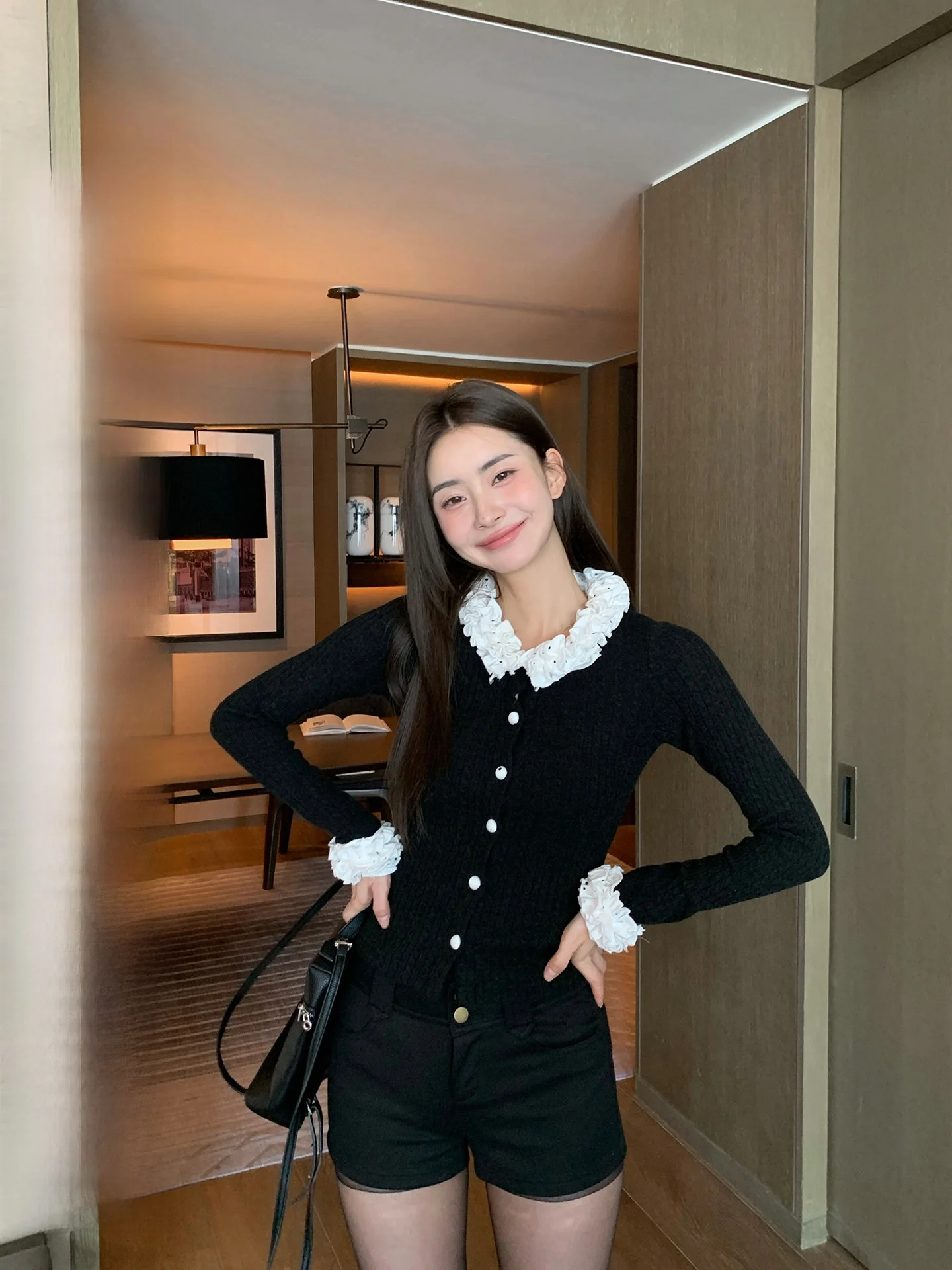 

Вязаный свитер с кружевным воротником Ele для женщин, приталенный, с длинным рукавом, очаровательный, китайского производства