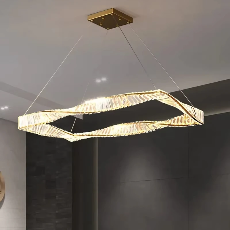 Rectangle LED Crystal Chandelier Living Dining Room Design Kitchen Hanging Lamp Modern Home Decor Square Gold Light Fixtures