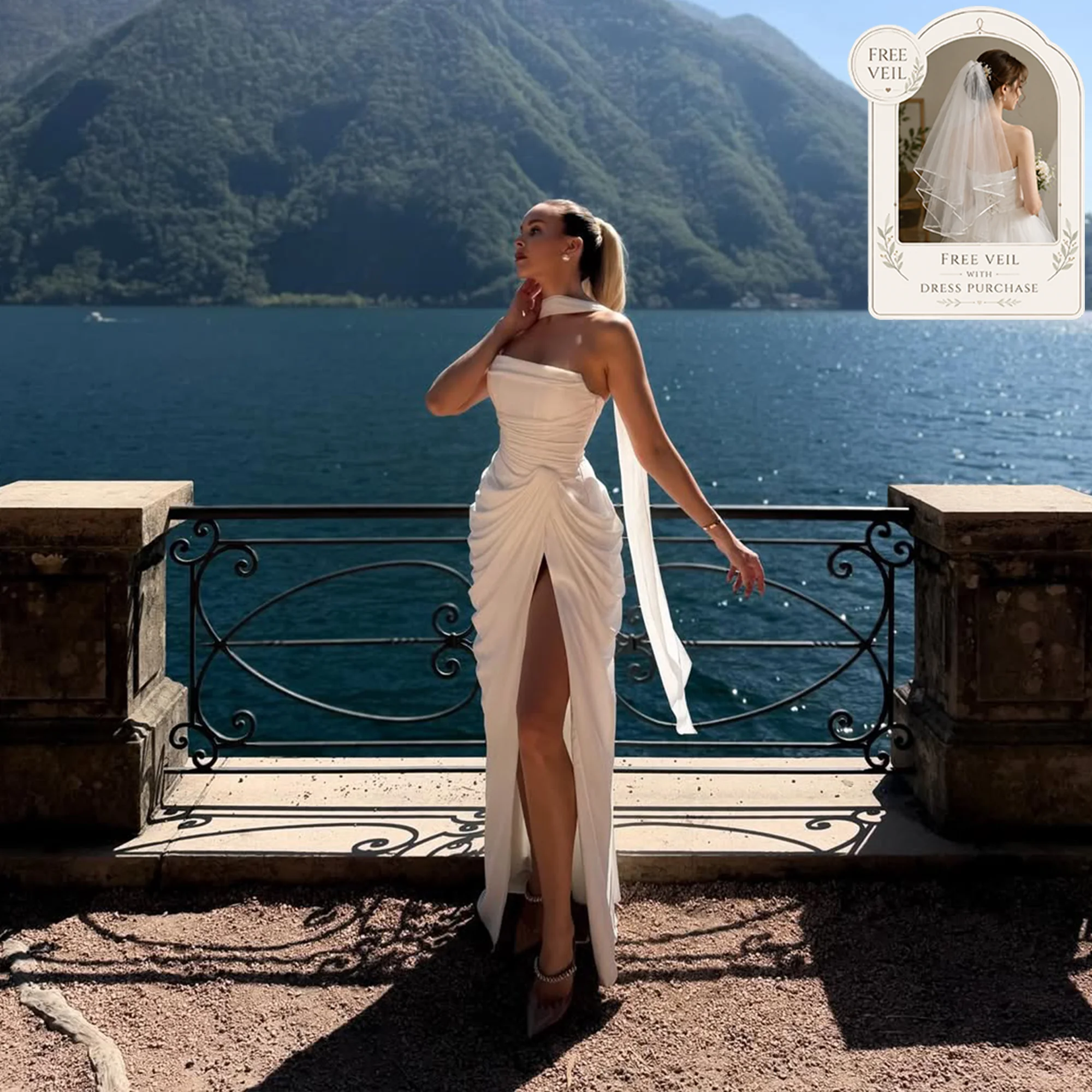 White Satin Wedding Dresses With Scarf Strapless Pleated Bride Gowns Side Split Mermaid vestidos de novias de boda Cstomized