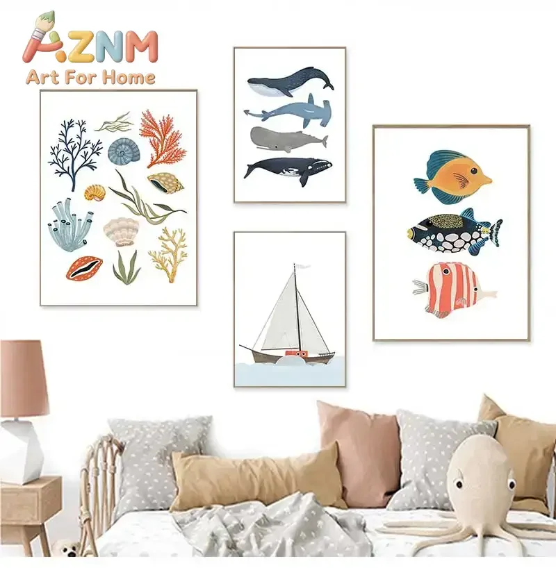 AZNM Ocean Sea Animal Canvas Poster Whale Tropical Fish Coral Shell Sailboat Cartoon Art Print Kids Room Nursery Wall Decor Unfr