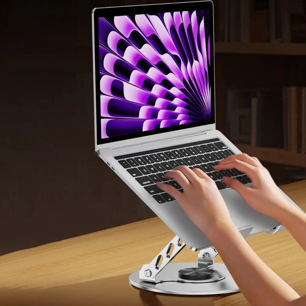 Adjustable Height 360° Rotatable Tablet Stand Carbon Steel Anti-slip Foldable Laptop Holder Ventilated Base Silver