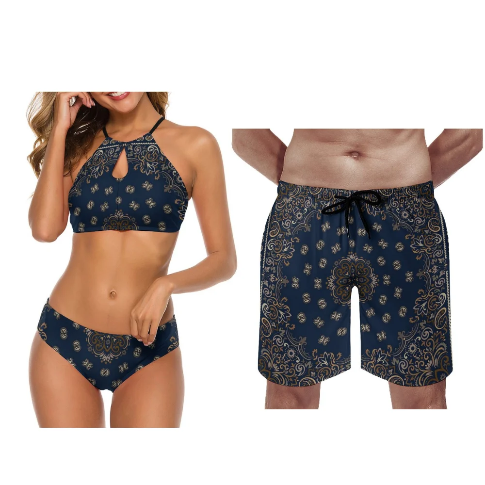 Customizable Bandana Beach Couple Swimsuits Men Casual Beach Pants Women Bikinis Brand New Design