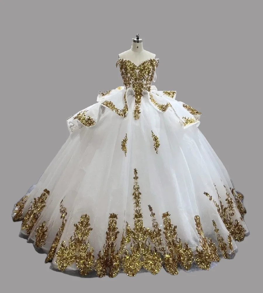 

Luxury White And Gold Wedding Dress 2025 Sweetheart Ball Gown Glamorous Bridal Dress Appliques Church Bride Dress Customized