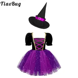 Kids Girl Witch Costume Halloween Cosplay Glittery Mesh Ballet Dance Tutu Short Sleeve Party Dress with Pointed Hat Carnival Set