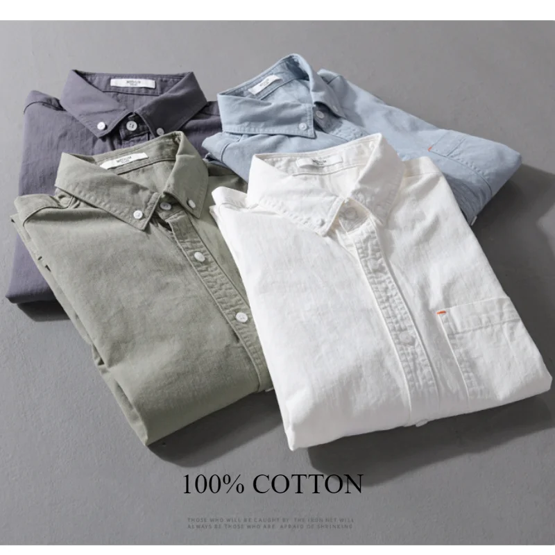 Simple Solid Color 100% Cotton Shirts for Men Clothing Casual Big Pocket Soft Long Sleeve Men Shirts FY3109
