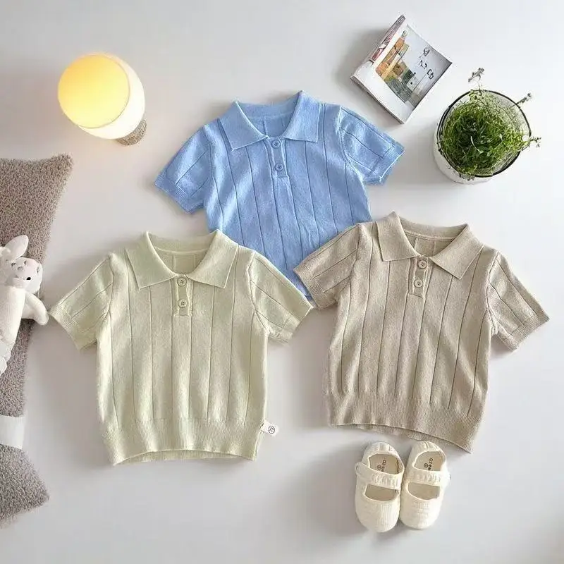 Boys' College Style Polo Thin Short Sleeve Knitted Shirt Summer Mid to Large Children's Solid Color Fashion Collar Top
