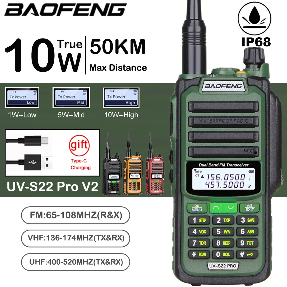 2025 Baofeng Waterproof IP68 Walkie Talkie 10W High Powerful Two Way Radio VHF UHF 128CH Radio Walkie Talkie FM Radio UV-S22 PRO