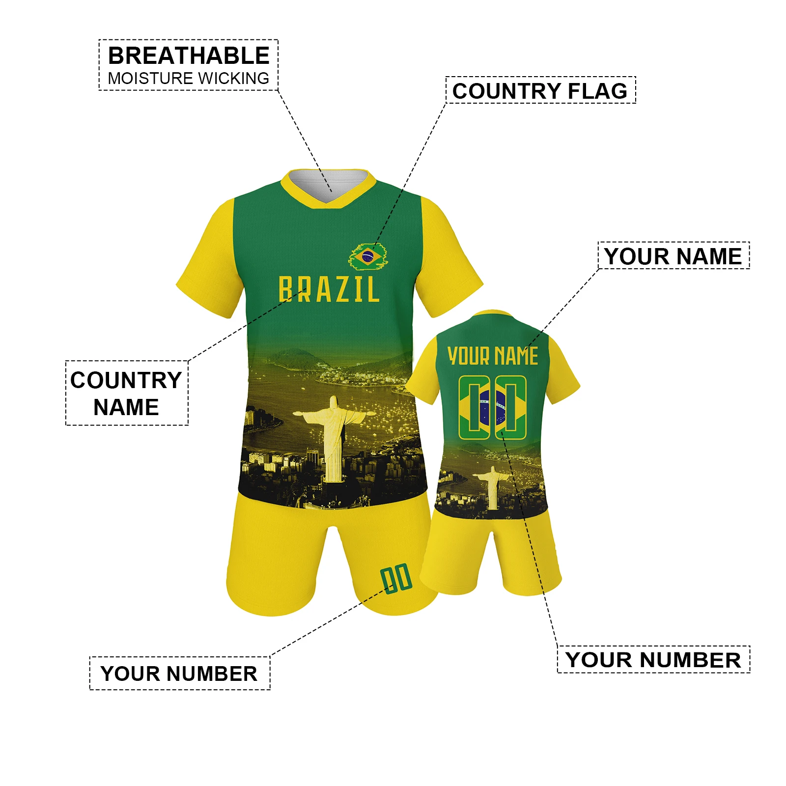 Custom Soccer Jersey Set Brazil Personalized Name Number Football Shirt for School Team Club Kids Youth Practice Soccer Uniform