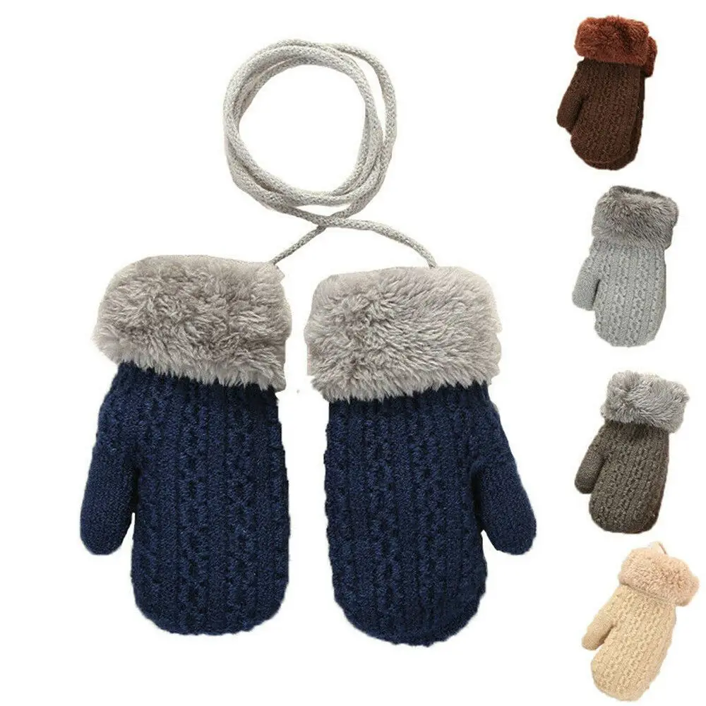 For 1-4 Years Winter Hanging Neck Faux Fur Kids Gloves Thick Warm Cute Cartoon Knitted Mittens