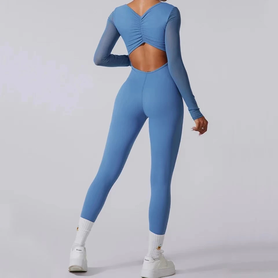 Yeni ped örgü uzun kollu gömlek kadın spor Yoga seti kıyafet Fitness egzersiz Legging tek parça tulum spor spor Bodysuit