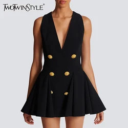 TWOTWINSTYLE Solid Slimming A Line Dresses For Women V Neck Sleeveless High Wais Patchwork Double Breasted Mini Dress Female New