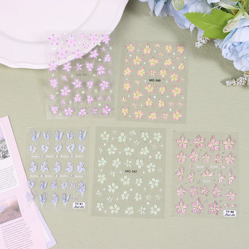 Nail Sticker Decoration 5D Embossed Lily Ice Flower Stickers Self Adhesive Engraved Floral Decals Pink Rose Nail Art DIY Manicur