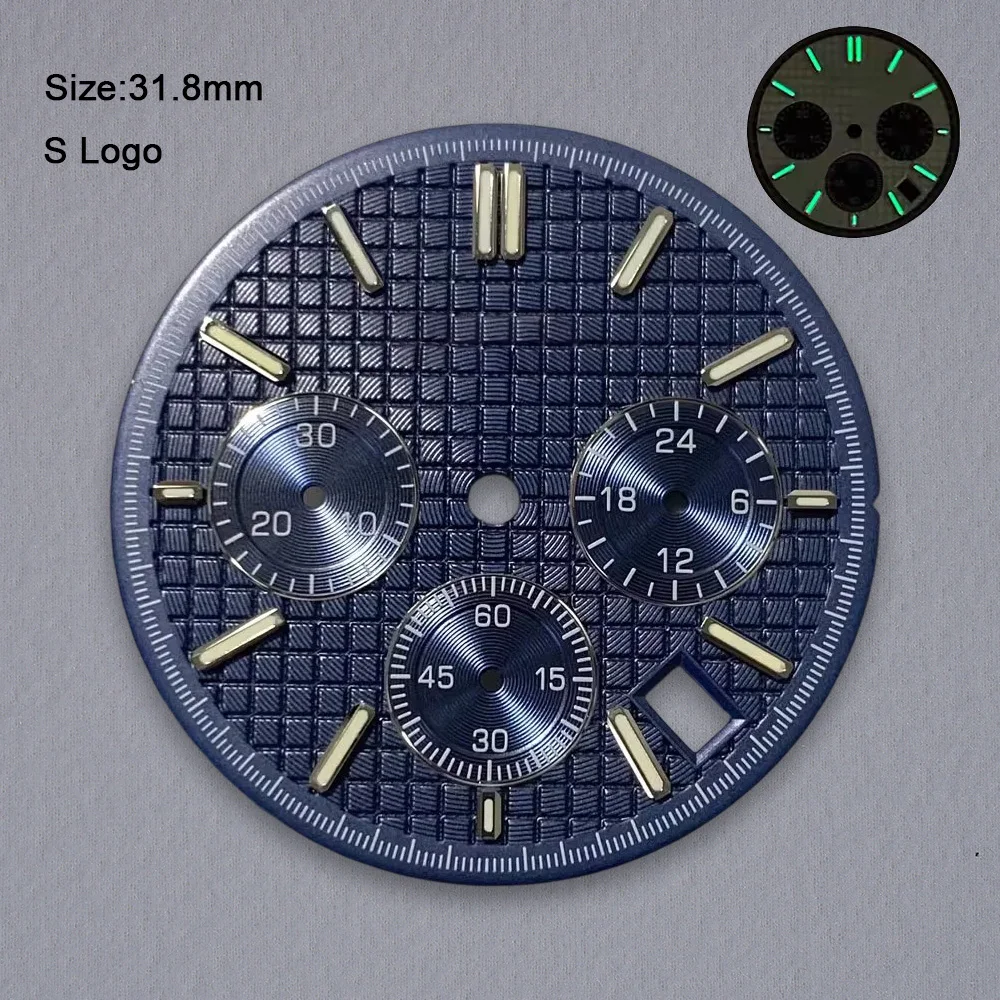 新しい 31.8 ミリメートル S ロゴダイヤル VK63 クォーツムーブメントに適したグリーン発光高品質オークダイヤル時計修正アクセサリー
